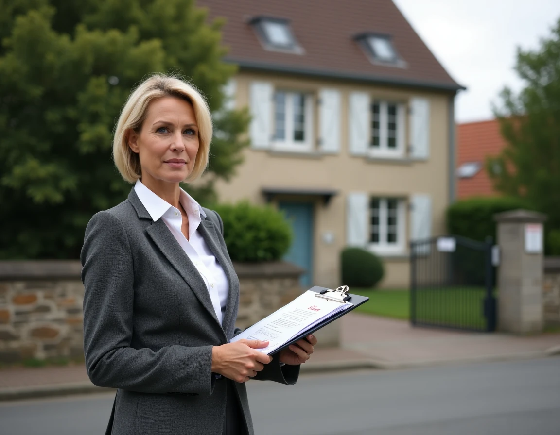 Agent immobilière présentant une maison à vendre à un acheteur potentiel devant une propriété résidentielle