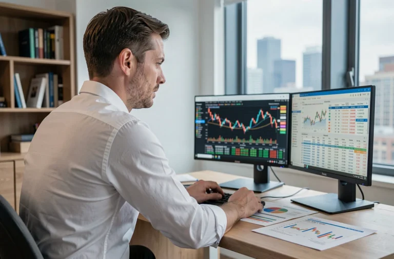 Homme analysant des graphiques boursiers ETF et CFD sur double écran dans un bureau moderne