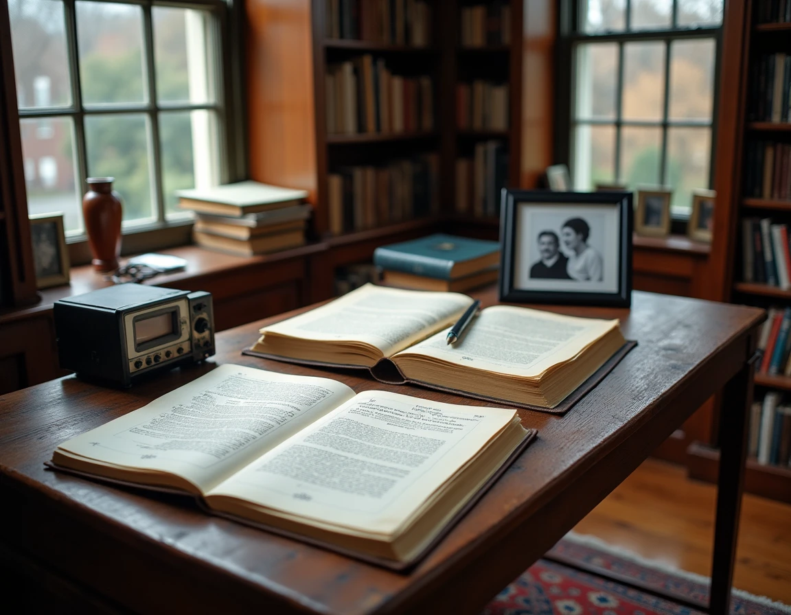 Bureau vintage encombré de manuscrits scientifiques, d'un synthétiseur vocal et d'une photo de couple encadrée, symbolisant l'univers intime et intellectuel de Stephen Hawking et Elaine Mason