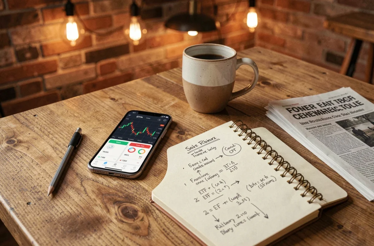 Vue de dessus d'un bureau avec smartphone affichant une application de trading ETF CFD, carnet de notes financières et café