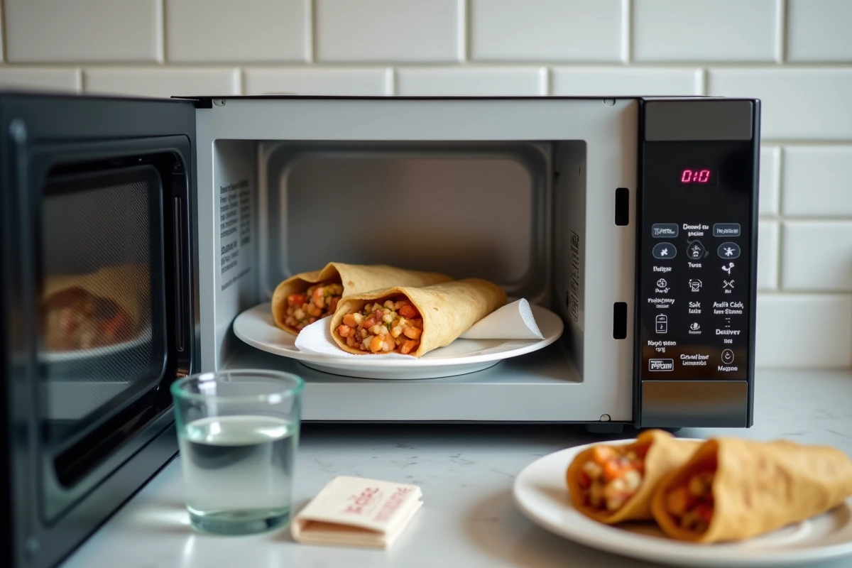 Burrito enveloppé dans une serviette en papier humide prêt à être réchauffé au micro-ondes sans se dessécher