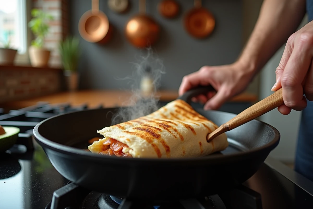 Réchauffage d'un burrito à la poêle en fonte sur une cuisinière à gaz pour une texture croustillante