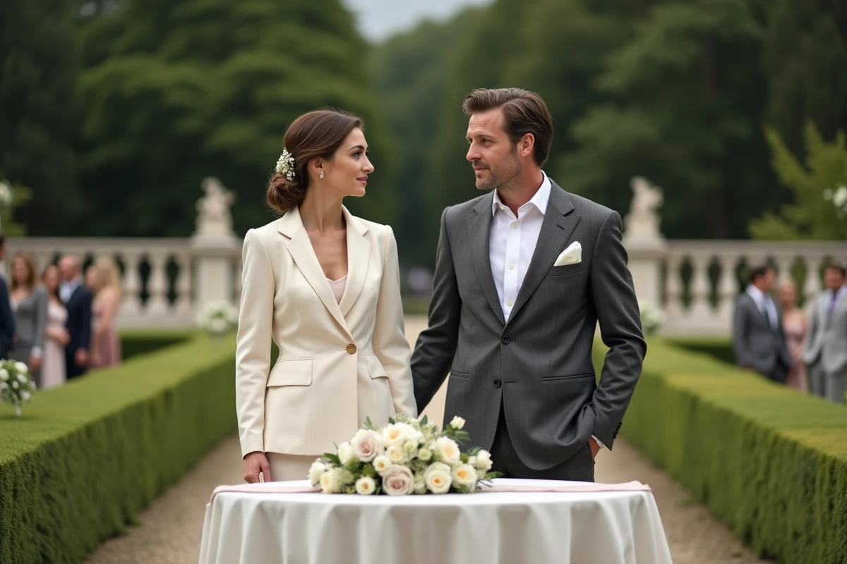 Cérémonie de mariage en extérieur dans un jardin formel français avec couple en tenue officielle