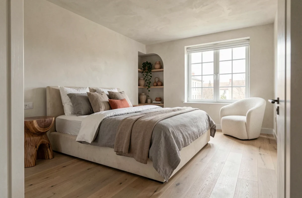 Chambre principale moderne avec lit plateforme en lin gris, fauteuil bouclé et niche décorative en plâtre dans une maison design contemporaine