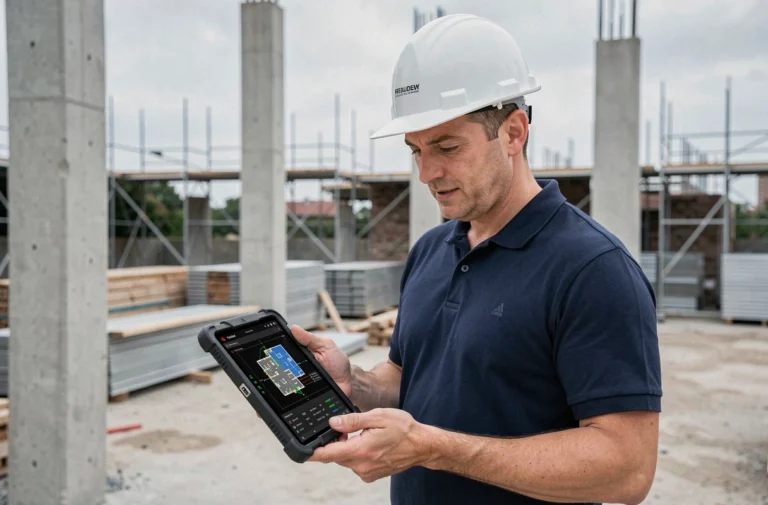 Chef de projet BTP consultant une interface numérique sur tablette sur un chantier de construction urbain