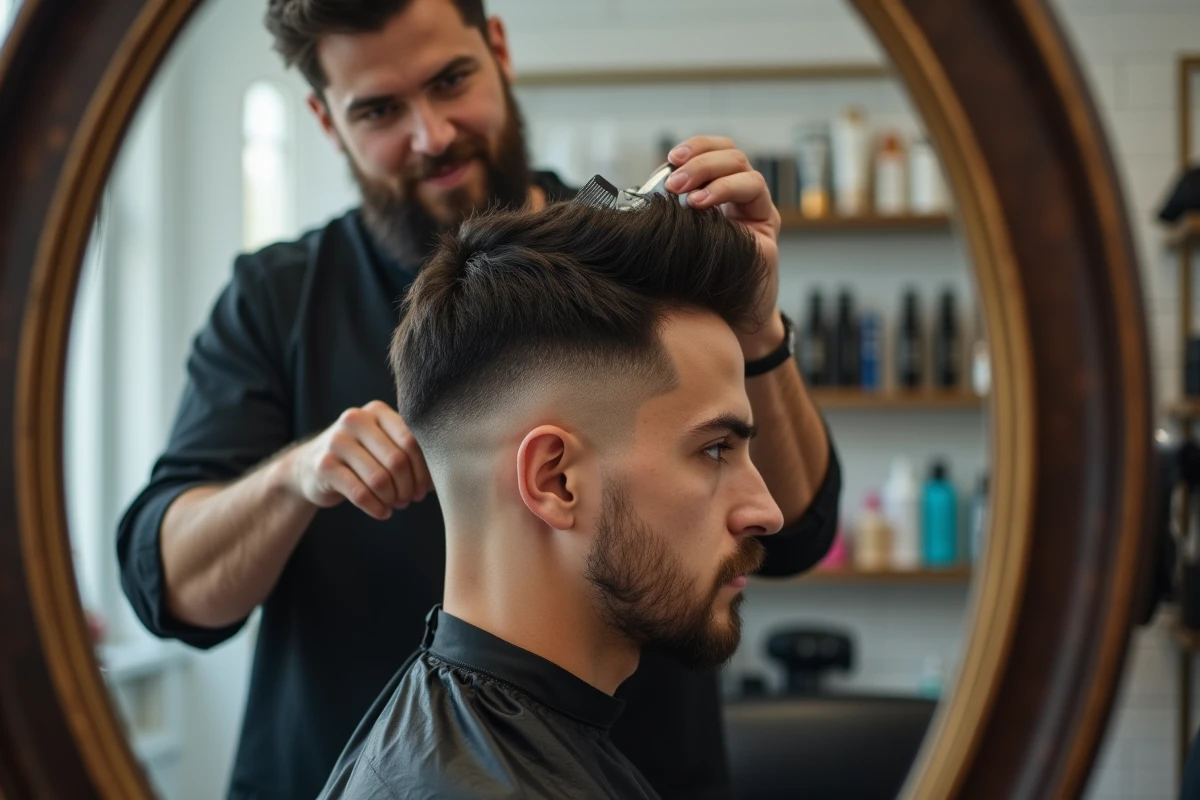 Coiffeur finissant une coupe garçon sur cheveux épais et indisciplinés dans un salon parisien moderne