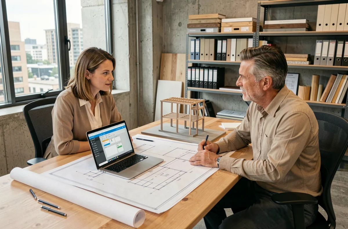 Deux professionnels du BTP collaborant autour de plans architecturaux et d'un logiciel de gestion sur mesure en agence