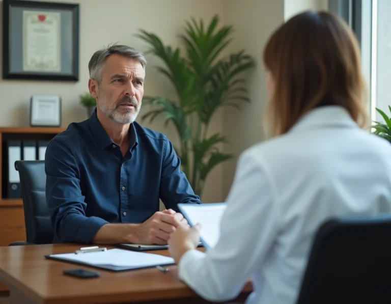 Un homme en entretien avec un médecin de la commission médicale pour récupérer son permis de conduire