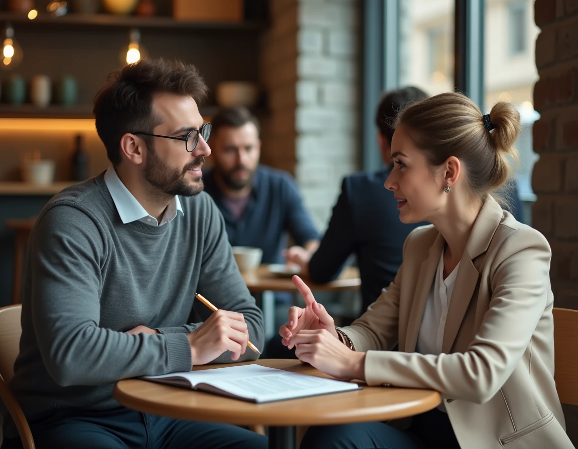 Entrepreneur recevant des conseils d'un mentor expérimenté dans un café urbain pour lancer son activité secondaire