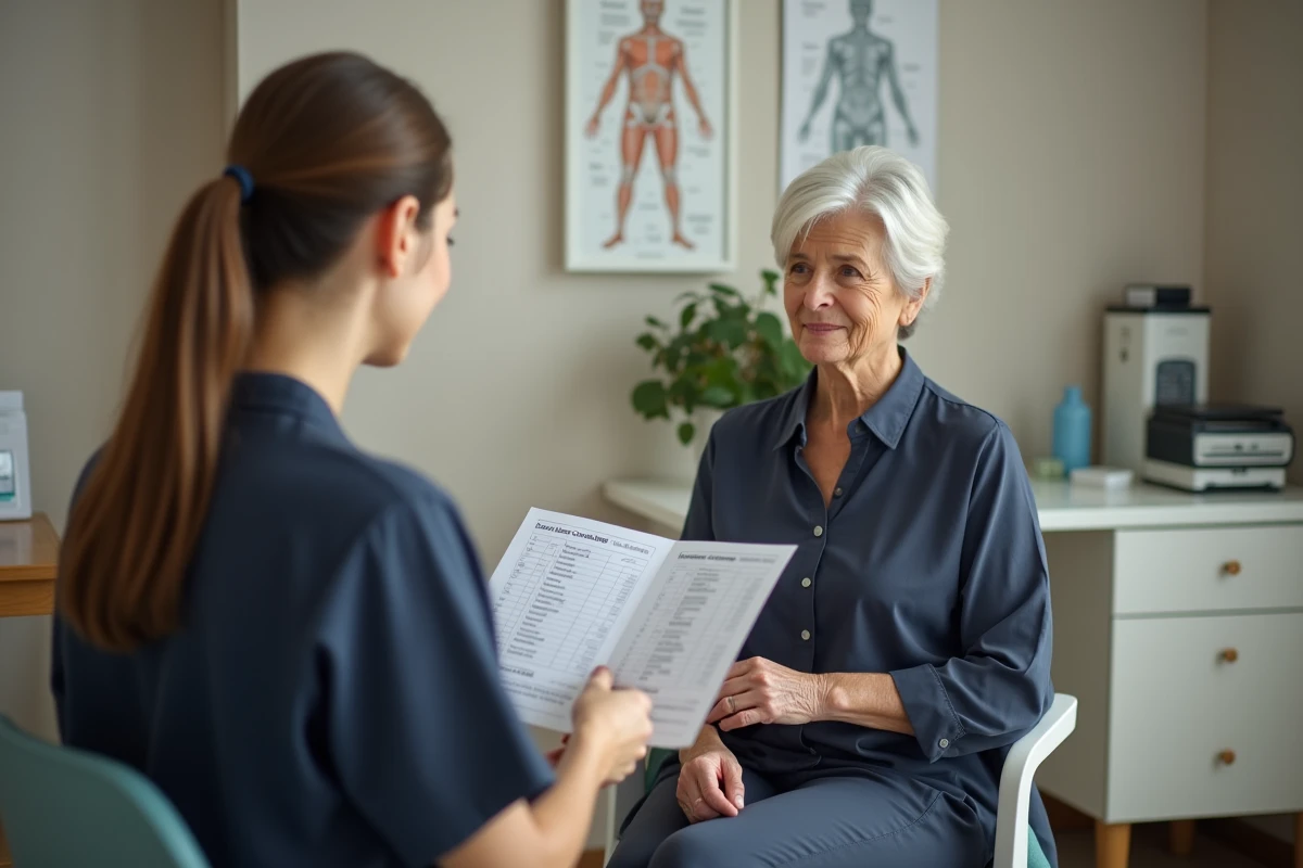 Femme de 50 ans en consultation médicale pour évaluer son poids idéal selon sa morphologie