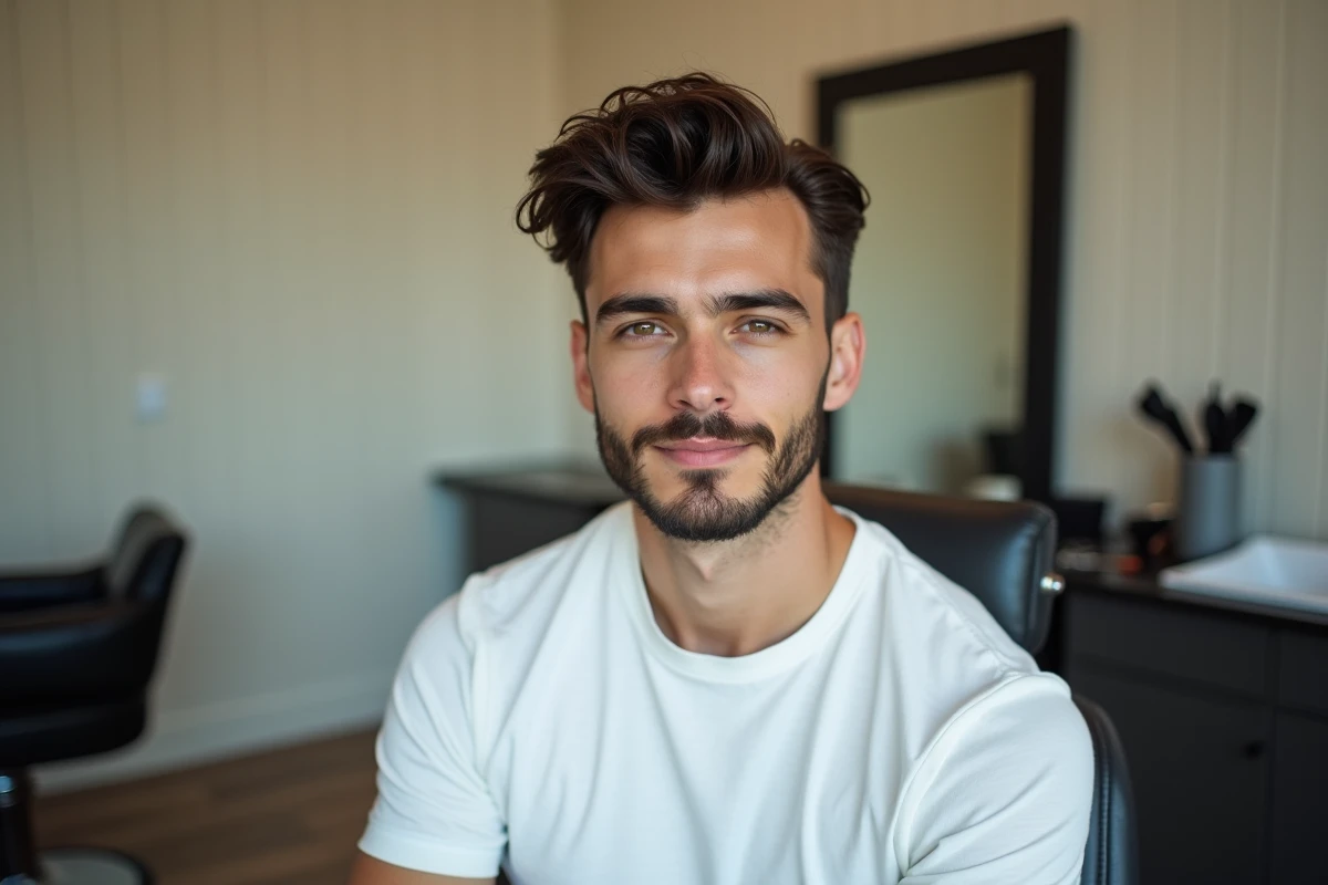 Jeune homme avec une coupe garçon moderne sur cheveux épais, assis dans un fauteuil de barbier contemporain