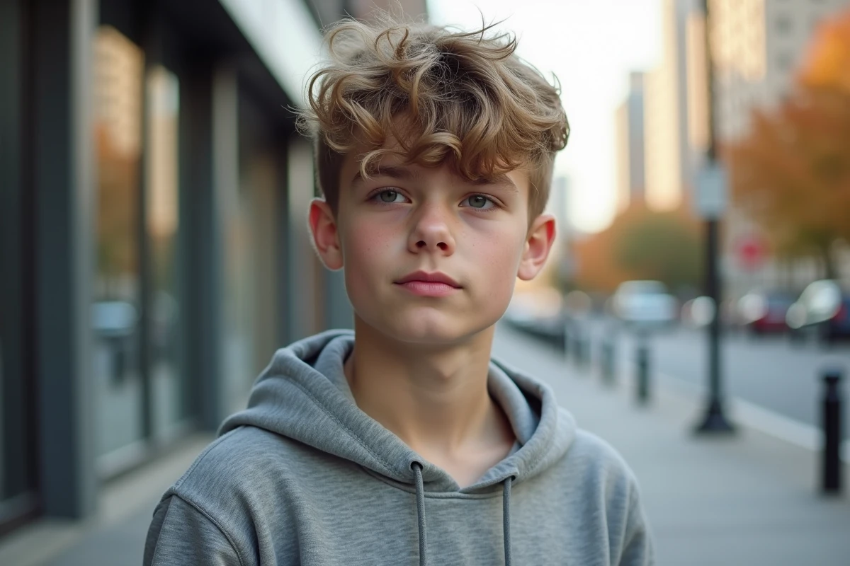 Adolescent avec une coupe garçon courte sur cheveux volumineux et épis naturels en extérieur urbain