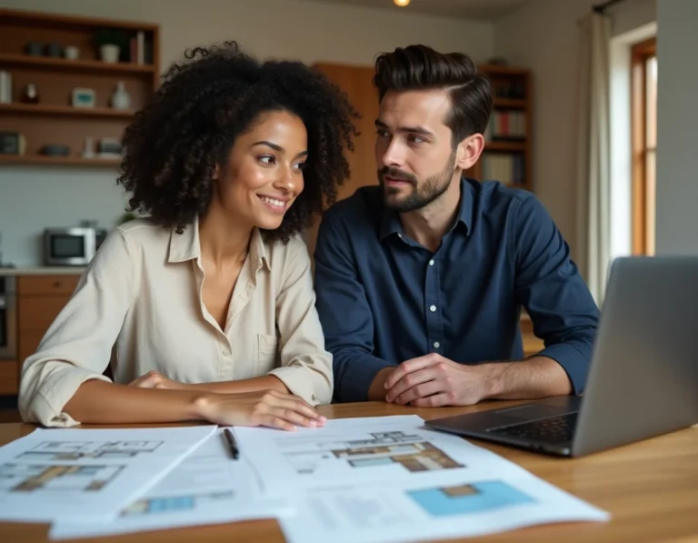 Couple de futurs propriétaires étudiant des documents immobiliers et un plan de financement sur une table en bois