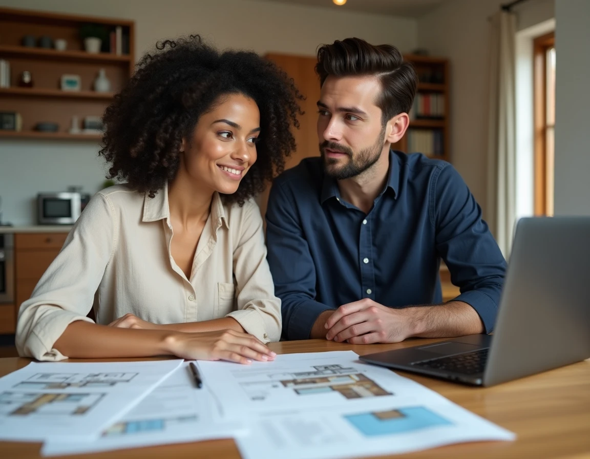 Couple de futurs propriétaires étudiant des documents immobiliers et un plan de financement sur une table en bois