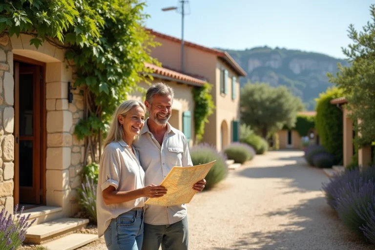 Couple souriant devant l'entrée d'un gîte en pierre en Ardèche avec des falaises calcaires en arrière-plan