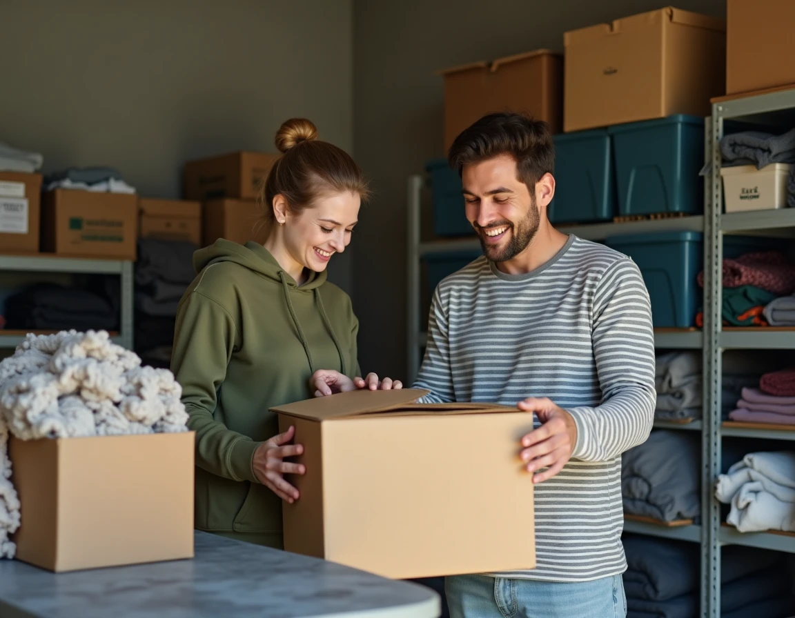 Couple organisant une pièce de rangement avec des boîtes étiquetées, astuces organisation maison