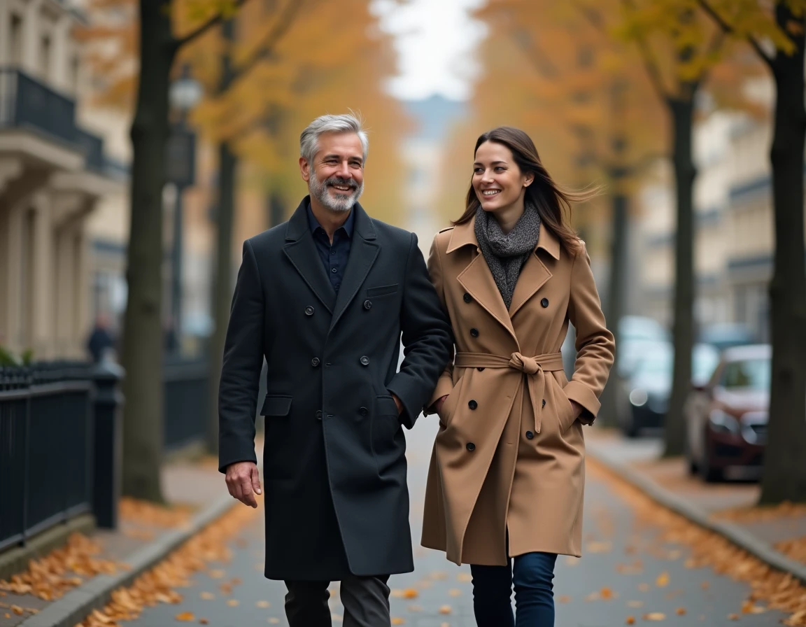 Couple discret se promenant sur un boulevard parisien en automne, tenues élégantes et atmosphère intimiste