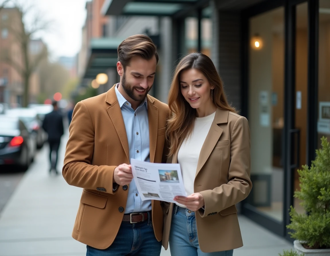 Couple de jeunes adultes consultant une annonce immobilière devant un immeuble moderne