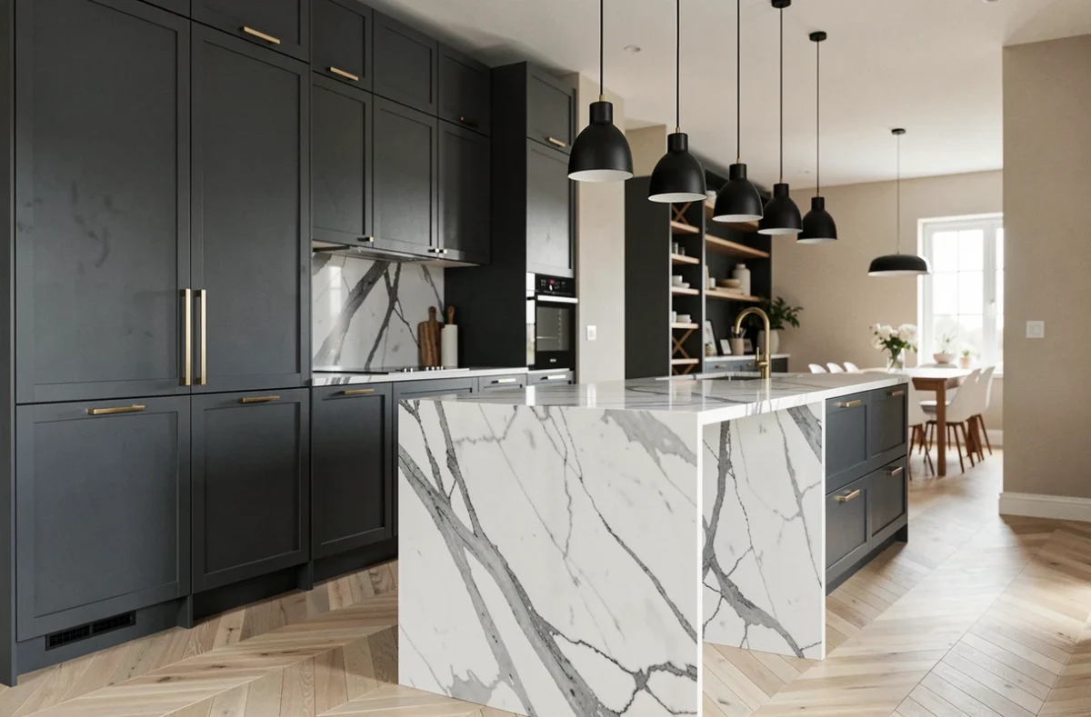 Cuisine ouverte contemporaine avec îlot en marbre Calacatta, armoires anthracite mate et sol en chêne en chevrons dans une maison moderne