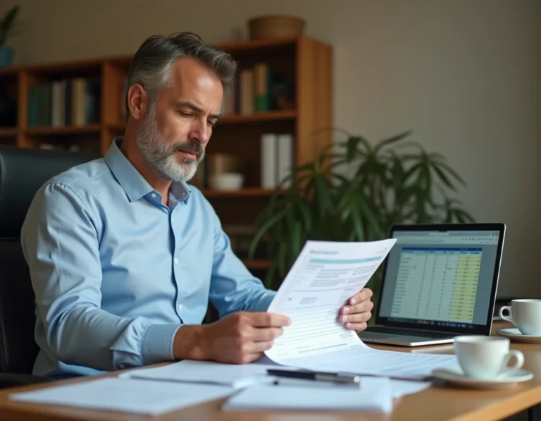 Homme consultant sa déclaration d'impôt en location meublée non professionnelle sur un bureau à domicile