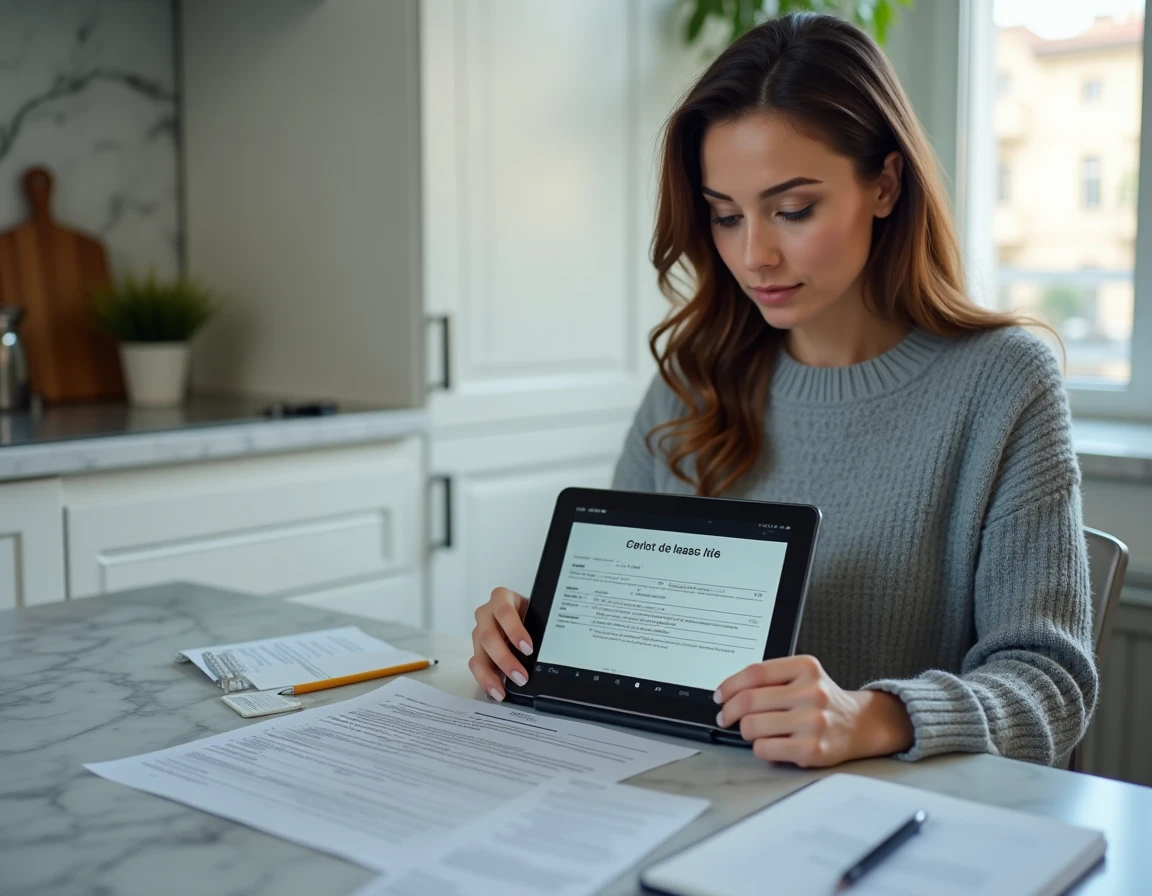 Femme remplissant sa déclaration de revenus locatifs meublés non professionnels sur une tablette dans sa cuisine