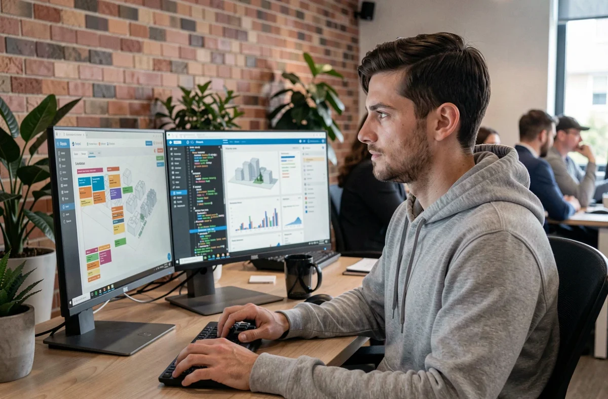Développeur informatique travaillant sur un logiciel sur mesure de digitalisation pour le secteur BTP