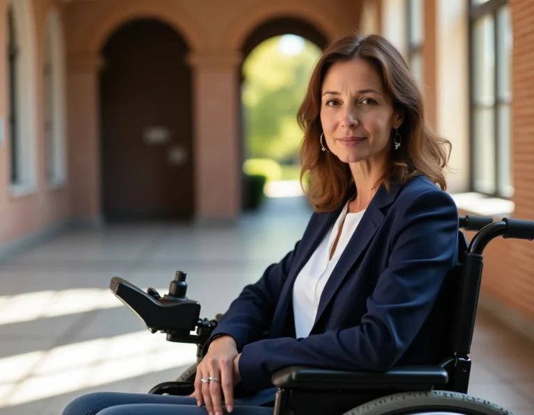Femme élégante assise près d'un fauteuil roulant motorisé dans un couloir universitaire historique, évoquant la relation de soin et de complicité entre Elaine Mason et Stephen Hawking