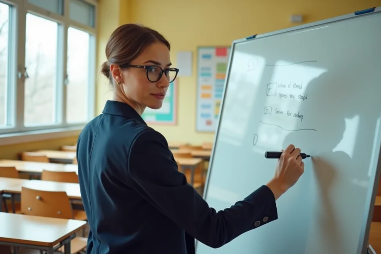Enseignante expliquant les étapes d'une démarche didactique au tableau dans une salle de classe