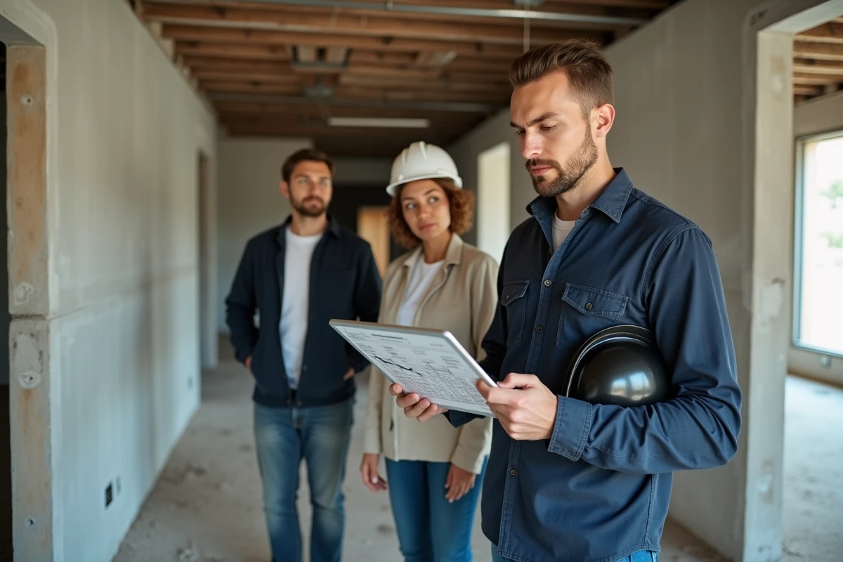 Entrepreneur en bâtiment présentant une estimation budgétaire de rénovation sur tablette à un couple dans un appartement en chantier