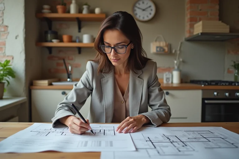 Femme consultant des devis de rénovation et des plans d'appartement sur une table en bois dans un appartement en travaux