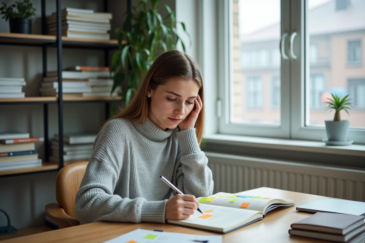 Femme étudiant les cinq étapes de la didactique explicative dans un bureau à domicile avec un cahier de notes pédagogiques