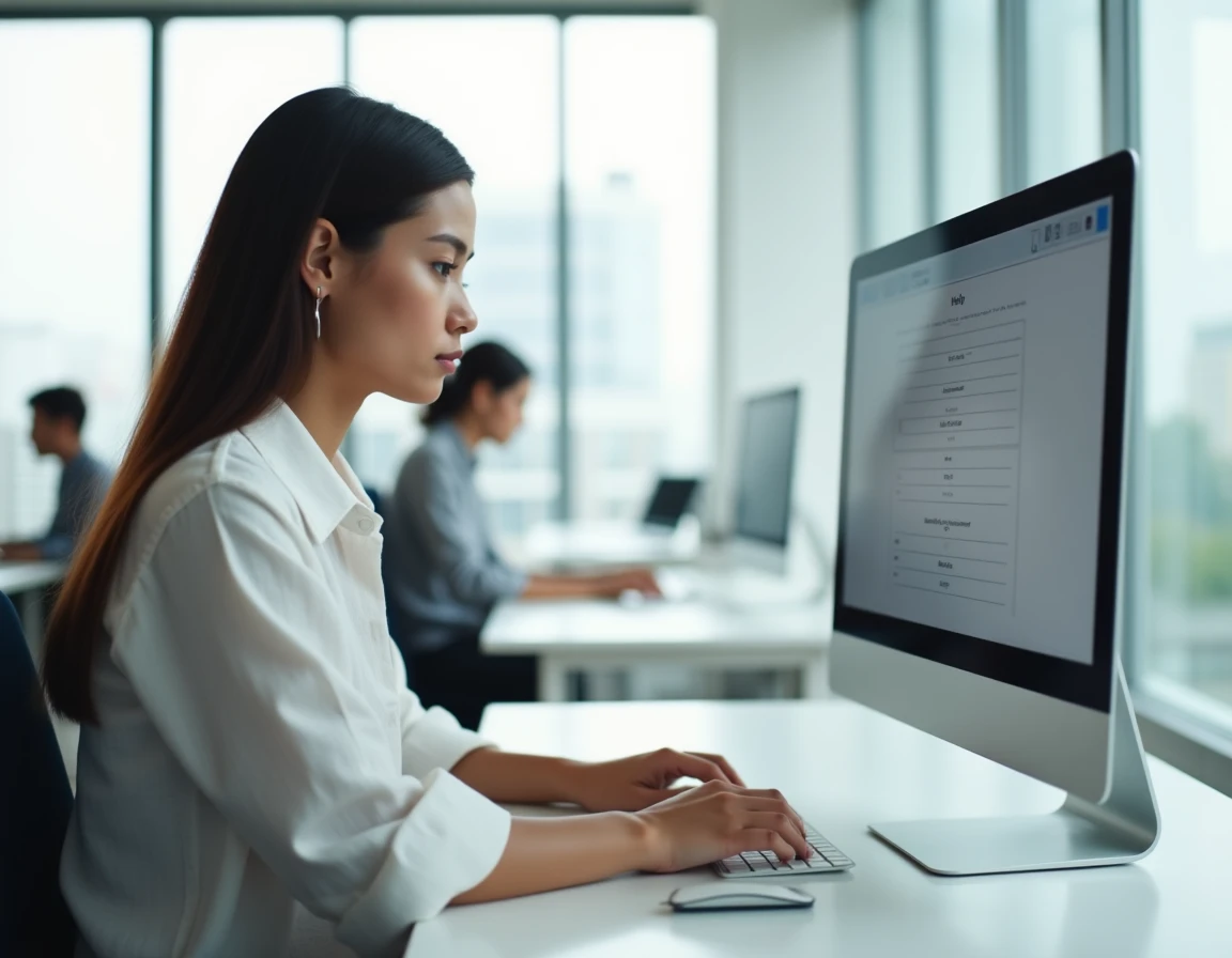 Femme en bureau consultant un portail d'aide en ligne pour trouver des réponses avant de contacter le support
