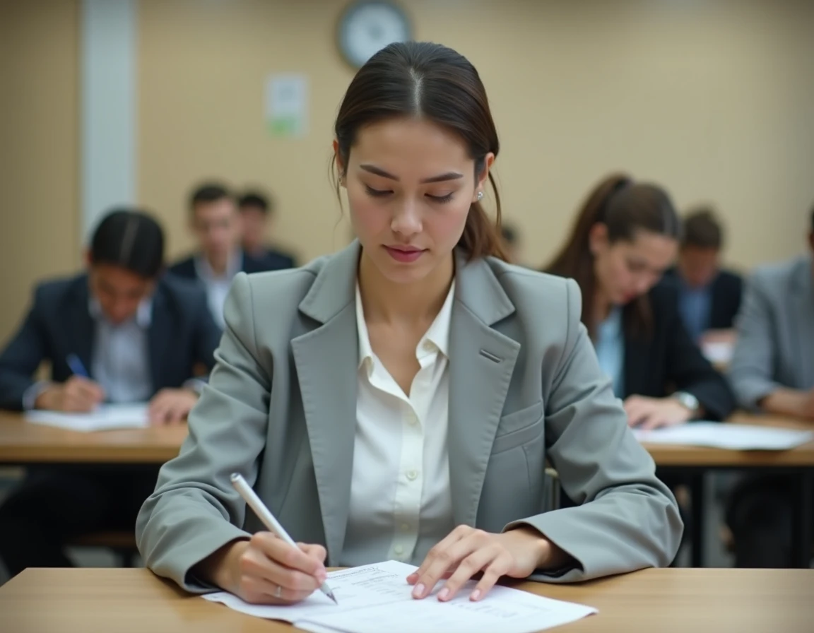 Femme candidate passant un test psychotechnique dans un centre de recrutement SNCF