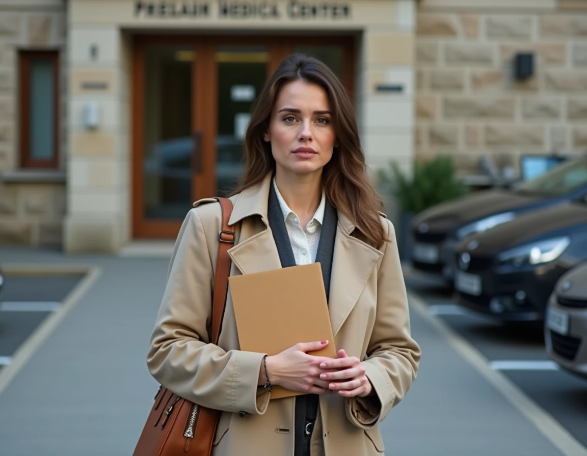 Une femme devant un centre médical agréé avec son dossier pour passer la commission médicale du permis