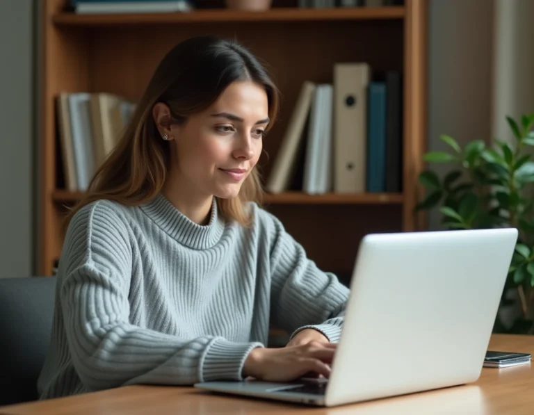 Femme consultant une FAQ d'aide en ligne sur son ordinateur portable avant de contacter le service client