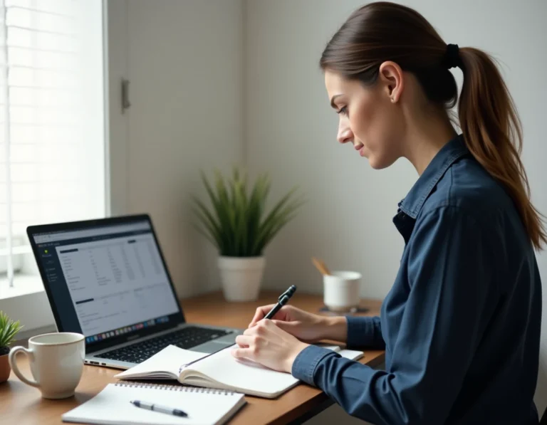 Femme entrepreneur travaillant sur son side business depuis son bureau à domicile avec un carnet de notes et un ordinateur portable