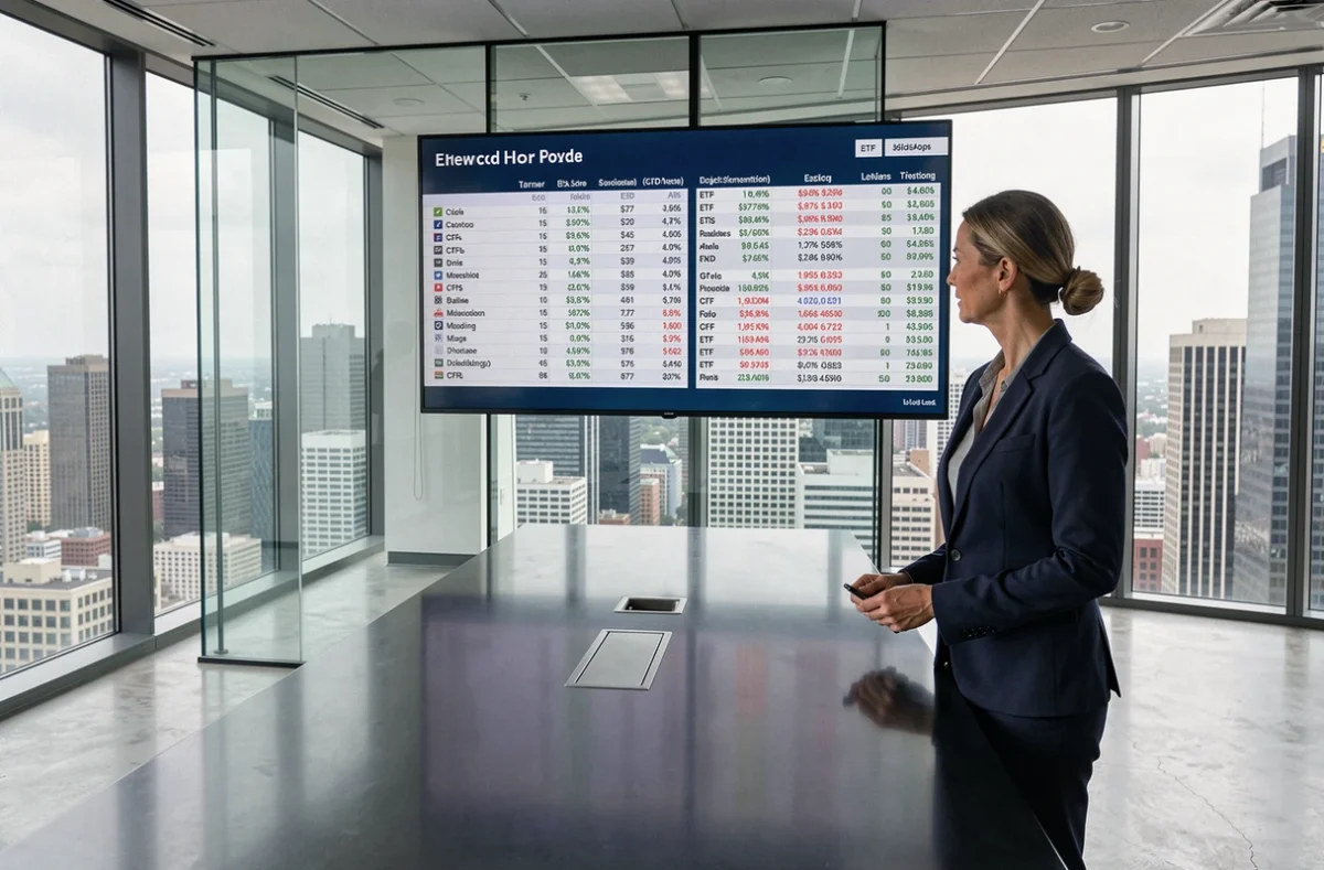 Femme cadre analysant des données financières ETF et CFD sur écran tactile en salle de réunion