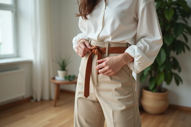 Femme mode chic portant une ceinture nouée avec style