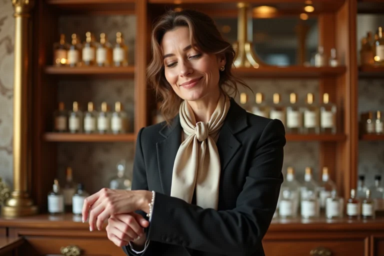 Femme élégante testant parfum dans une parfumerie vintage