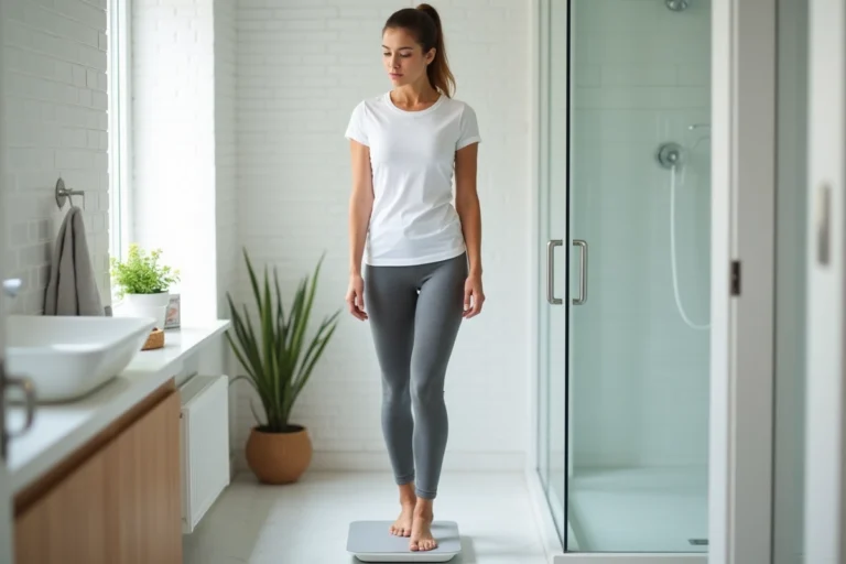 Femme de 35 ans mesurant son poids sur une balance dans une salle de bain moderne et épurée