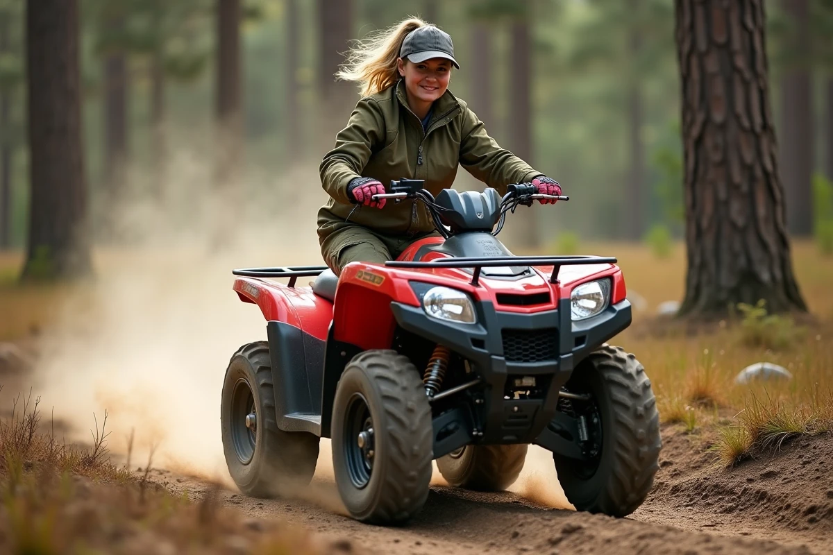 Femme en quad roulant dans une forêt avec poussière en mouvement
