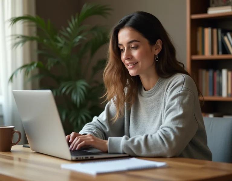 Femme cherchant un logement sur un ordinateur portable dans un bureau à domicile chaleureux