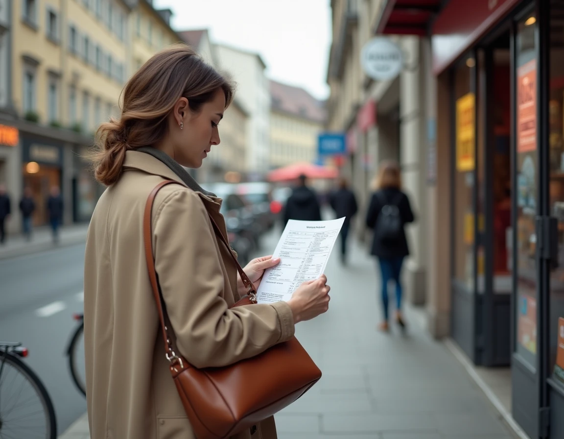 Une femme en manteau beige devant un commerce bernois examinant un ticket de caisse, illustrant la hausse du prix du tabac en Suisse