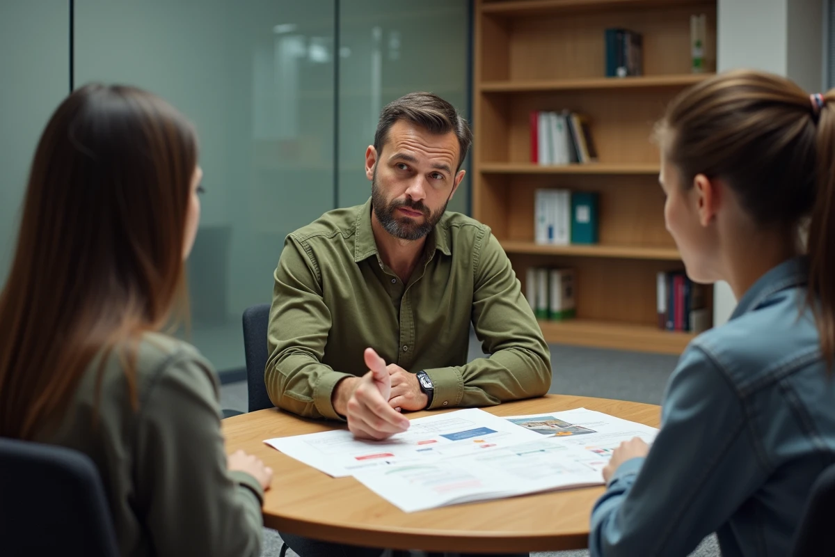 Formateur expliquant une démarche pédagogique explicite à deux étudiants autour d'un tableau didactique imprimé