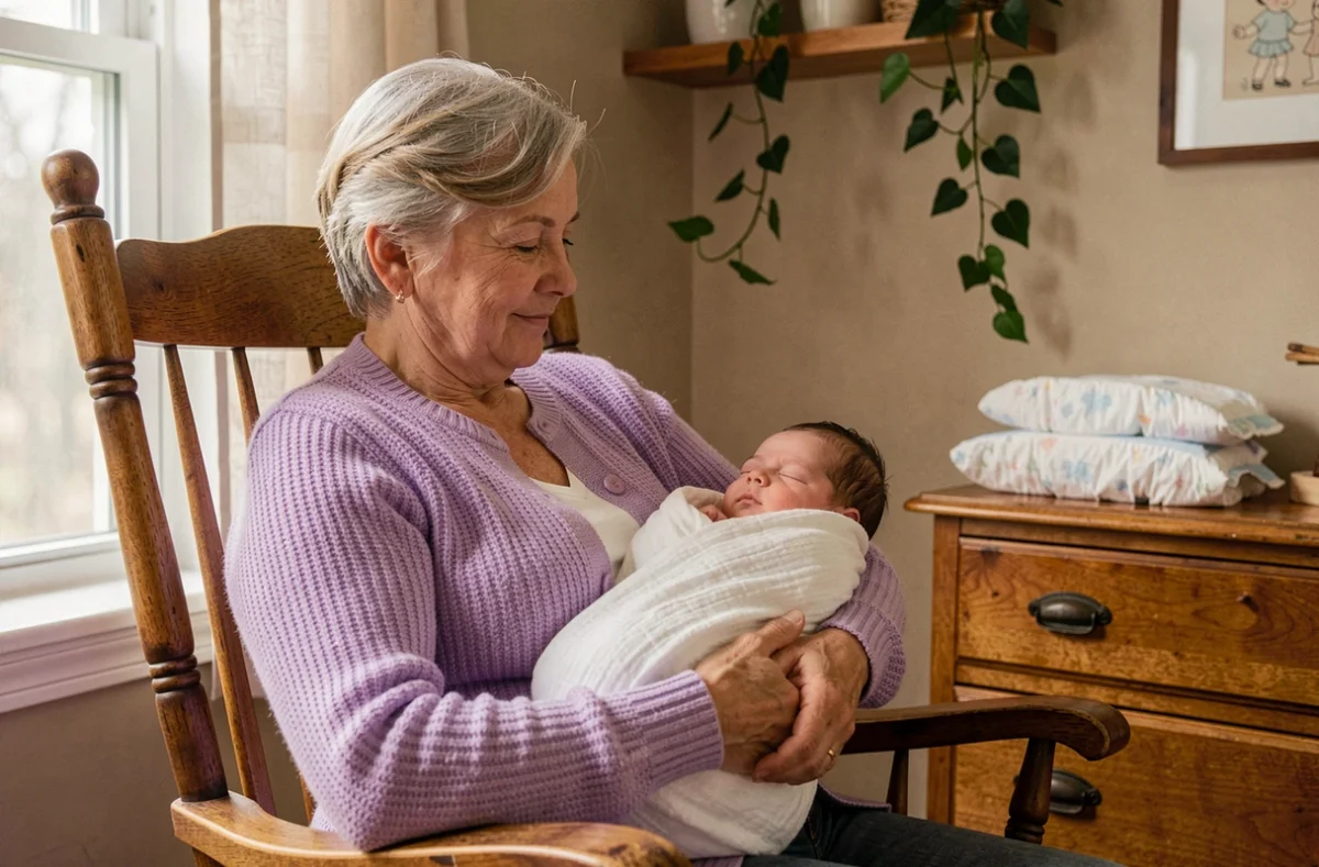 Grand-mère berçant tendrement un nourrisson endormi dans un rocking-chair dans une chambre de bébé chaleureuse