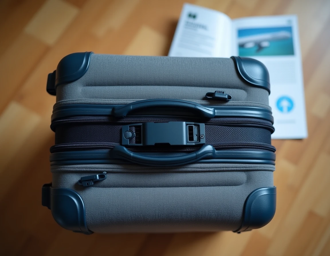 Gros plan d'une sangle de valise TSA approuvée posée sur un bagage gris avant un voyage en avion