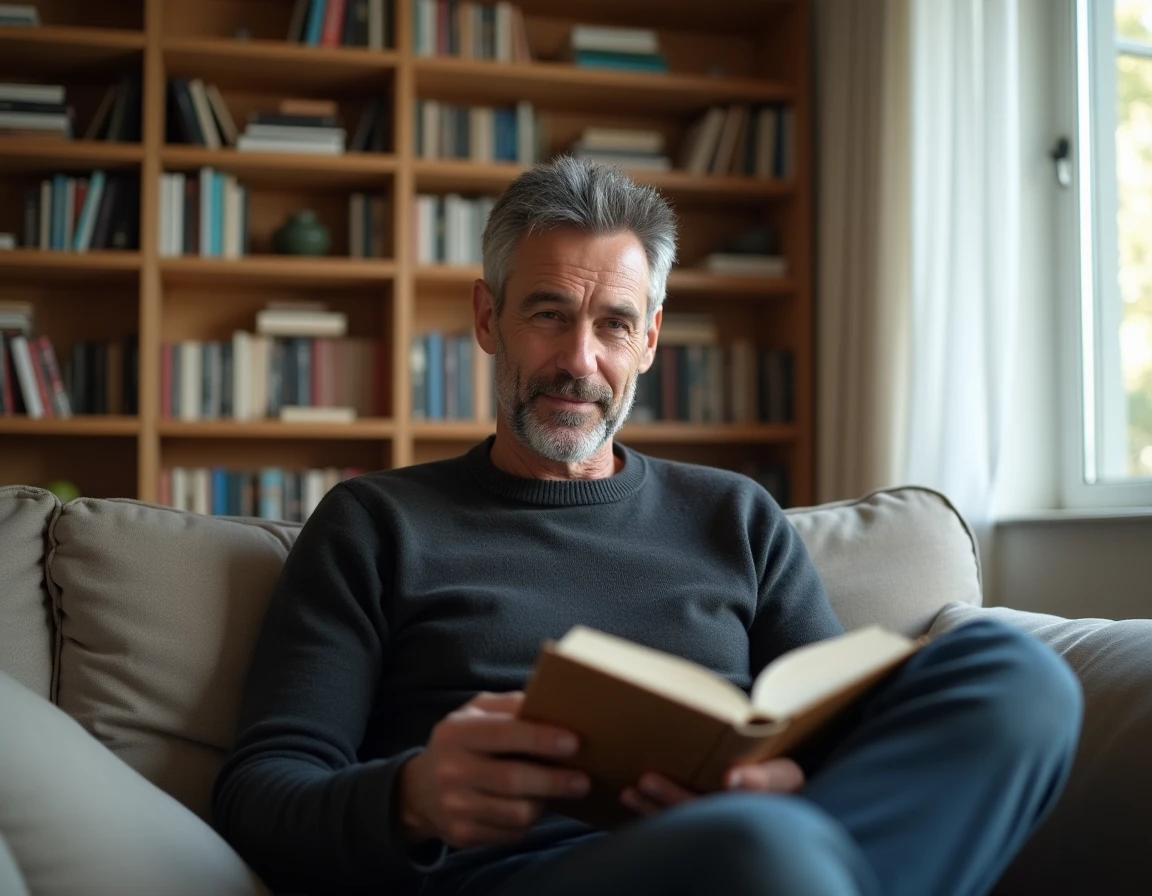 Homme lisant dans un appartement parisien moderne avec bibliothèque, atmosphère intime et vie privée