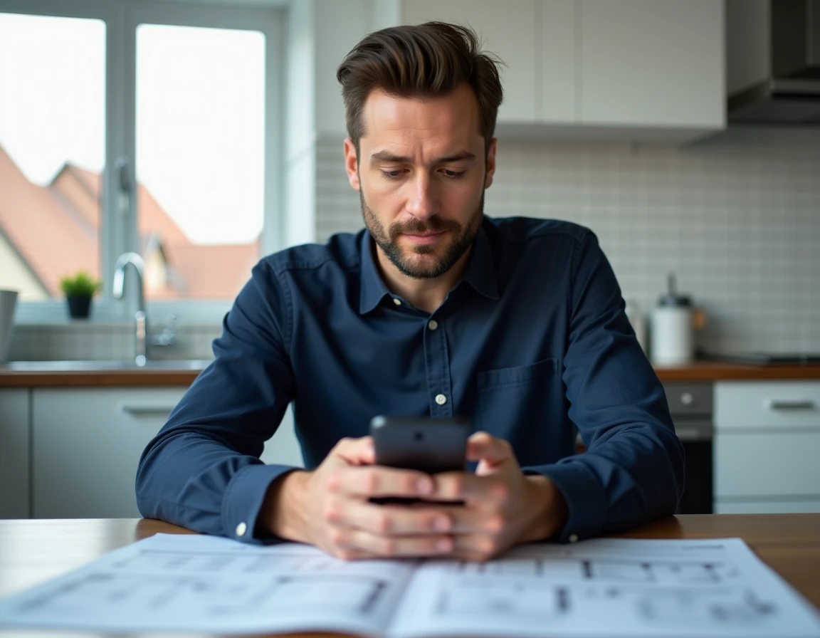 Homme consultant une application de recherche de logement sur smartphone dans une cuisine moderne