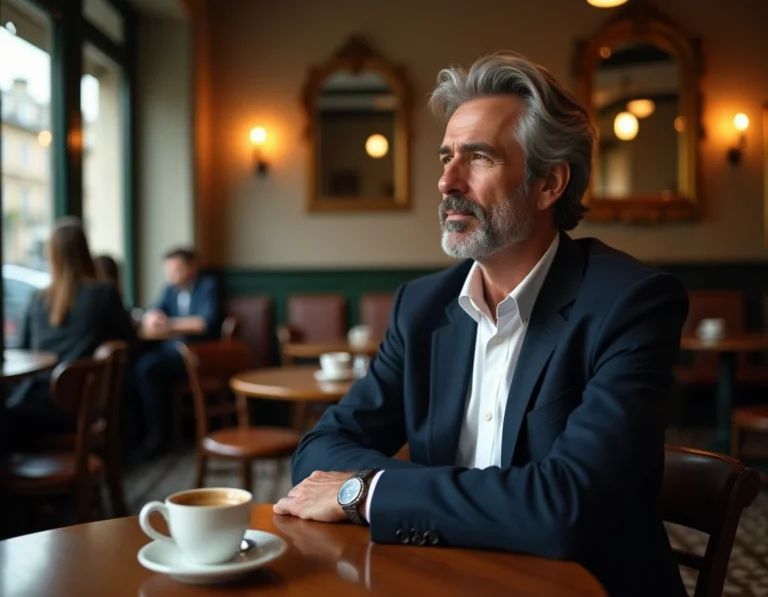 Homme élégant aux cheveux poivre et sel assis dans un café parisien, ambiance intimiste et discrète