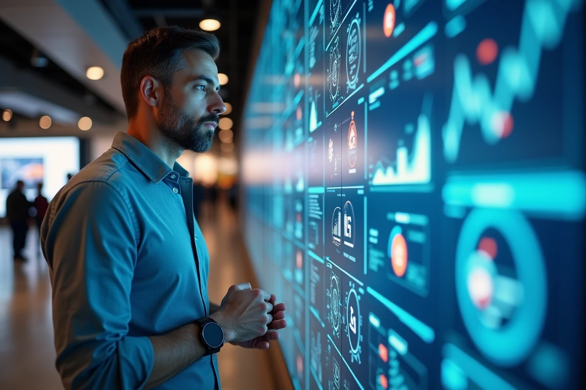 Homme examinant un affichage interactif lors d